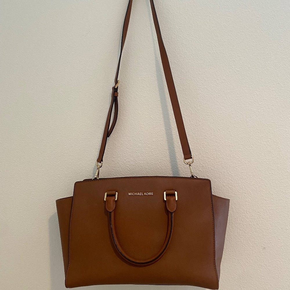 Michael Kors Espresso Satchel Handbag with Gold Details